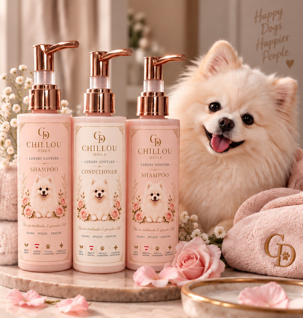 CHILLOU DOGS Shampoo und Conditioner mit einem weißen Hund in luxuriöser Spa-Atmosphäre